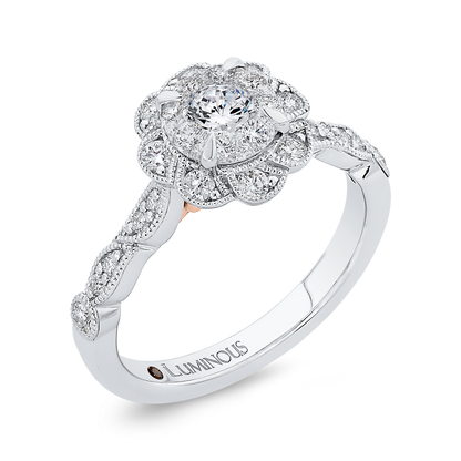 Round Diamond Floral Engagement Ring in 14K Two Tone Gold