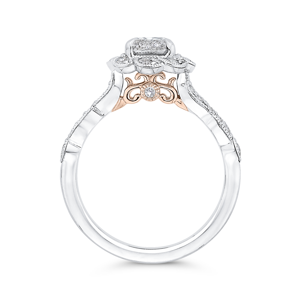 Round Diamond Floral Engagement Ring in 14K Two Tone Gold