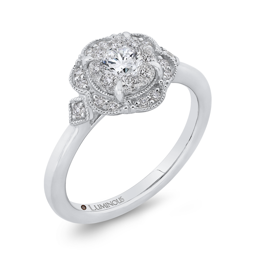 Round Diamond Floral Engagement Ring in 14K White Gold