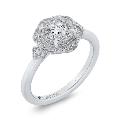 Round Diamond Floral Engagement Ring in 14K White Gold