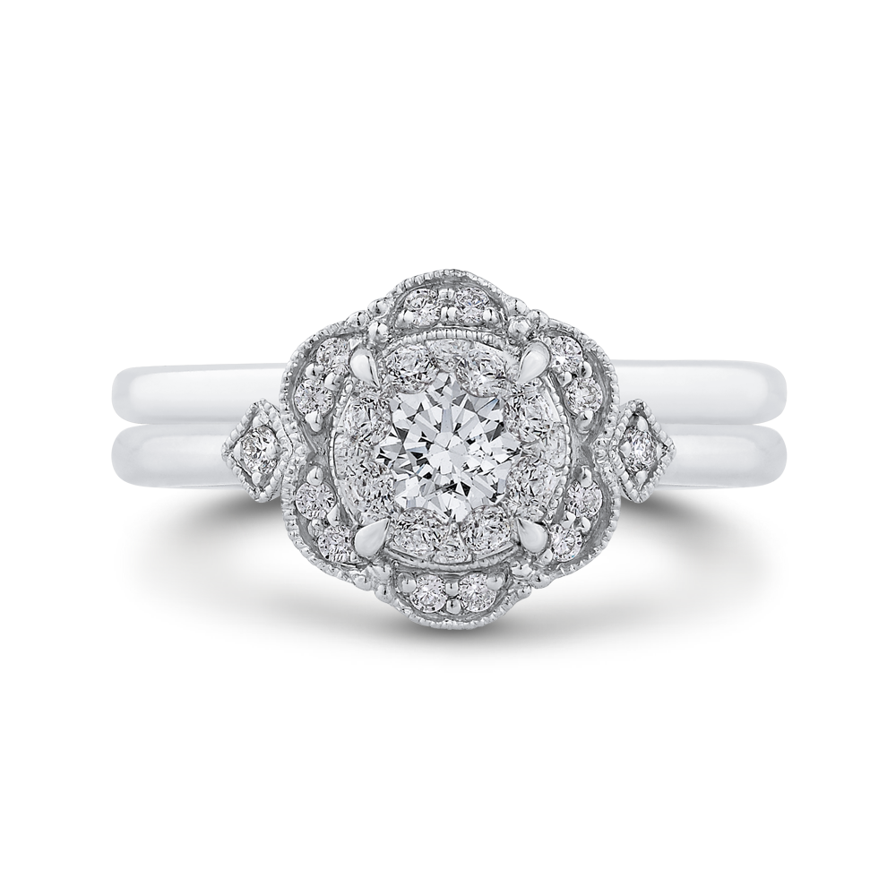 Round Diamond Floral Engagement Ring in 14K White Gold