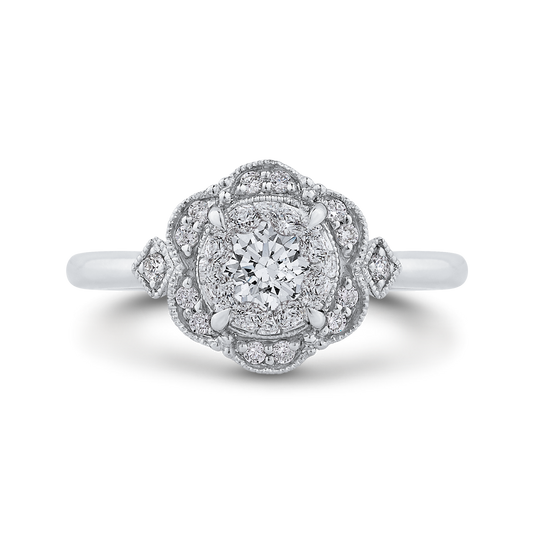 Round Diamond Floral Engagement Ring in 14K White Gold