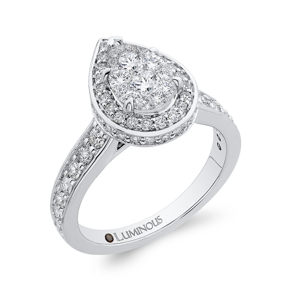 Round Diamond Pear Shape Halo Engagement Ring in 14K White Gold