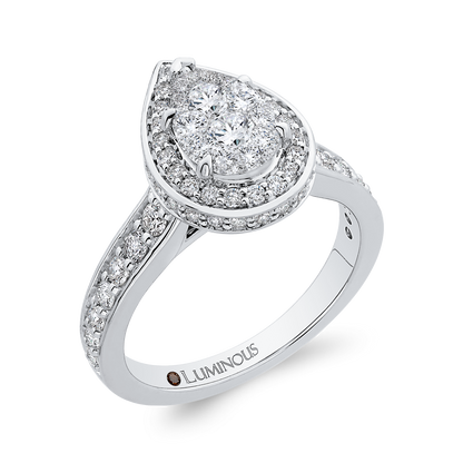 Round Diamond Pear Shape Halo Engagement Ring in 14K White Gold