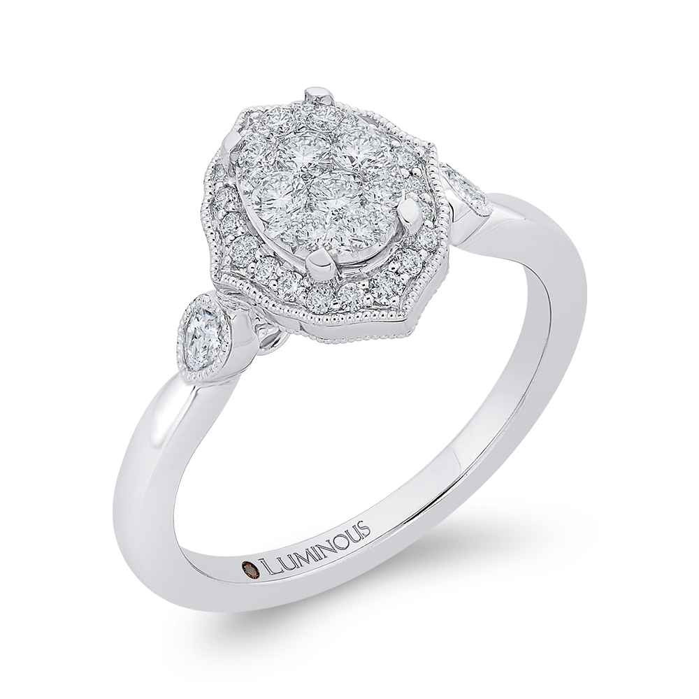 Round Diamond Oval Shape Halo Engagement Ring in 14K White Gold