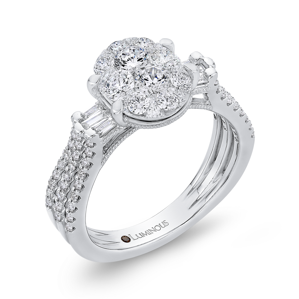 Round & Baguette Cut Diamond Engagement Ring in 14K White Gold