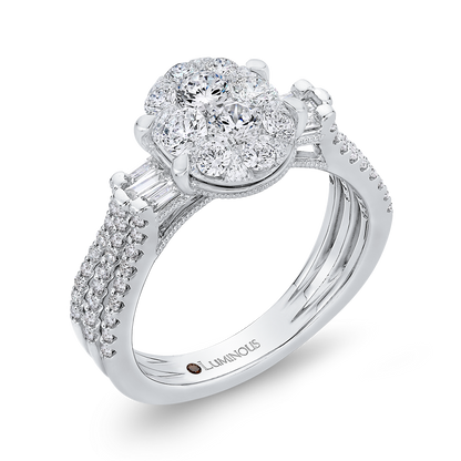 Round & Baguette Cut Diamond Engagement Ring in 14K White Gold