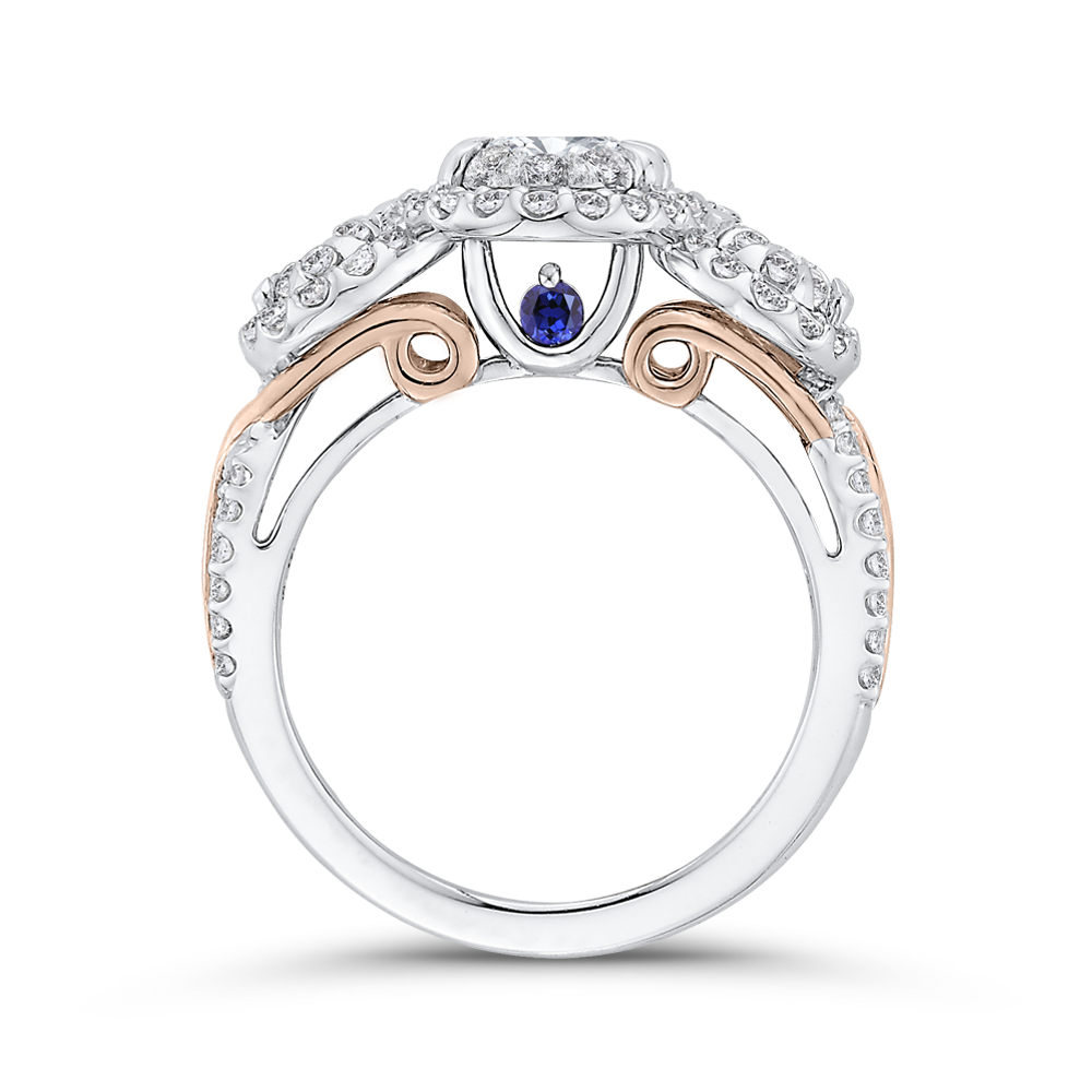 Round Diamond Three-Stone Halo Engagement Ring in 14K Two Tone Gold