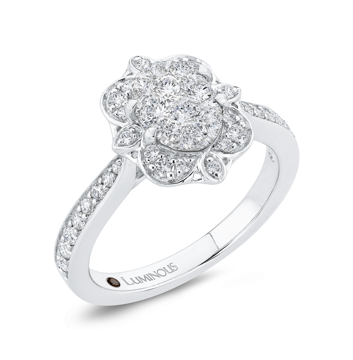 Round Diamond Floral Engagement Ring in 14K White Gold