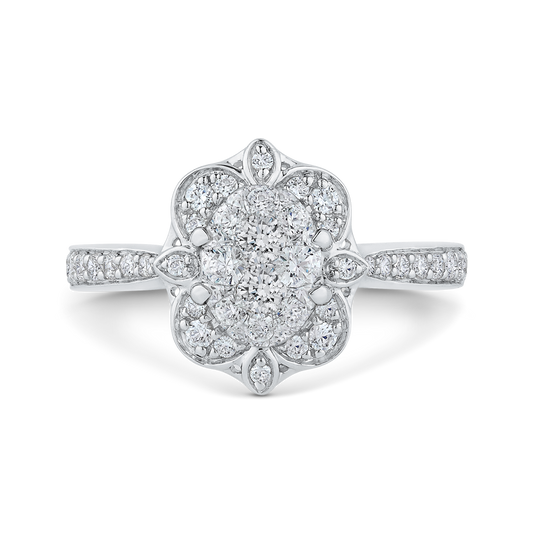 Round Diamond Floral Engagement Ring in 14K White Gold