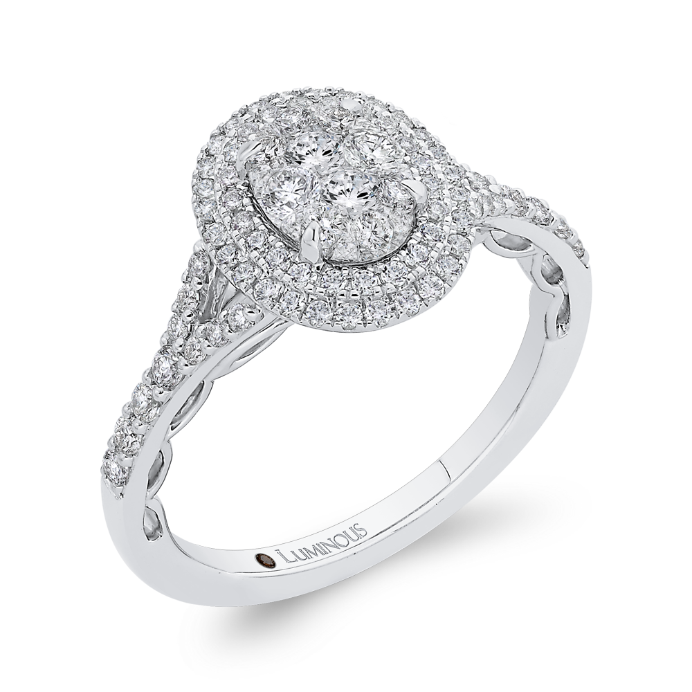 Split Shank Round Diamond Double Halo Engagement Ring in 14K White Gold