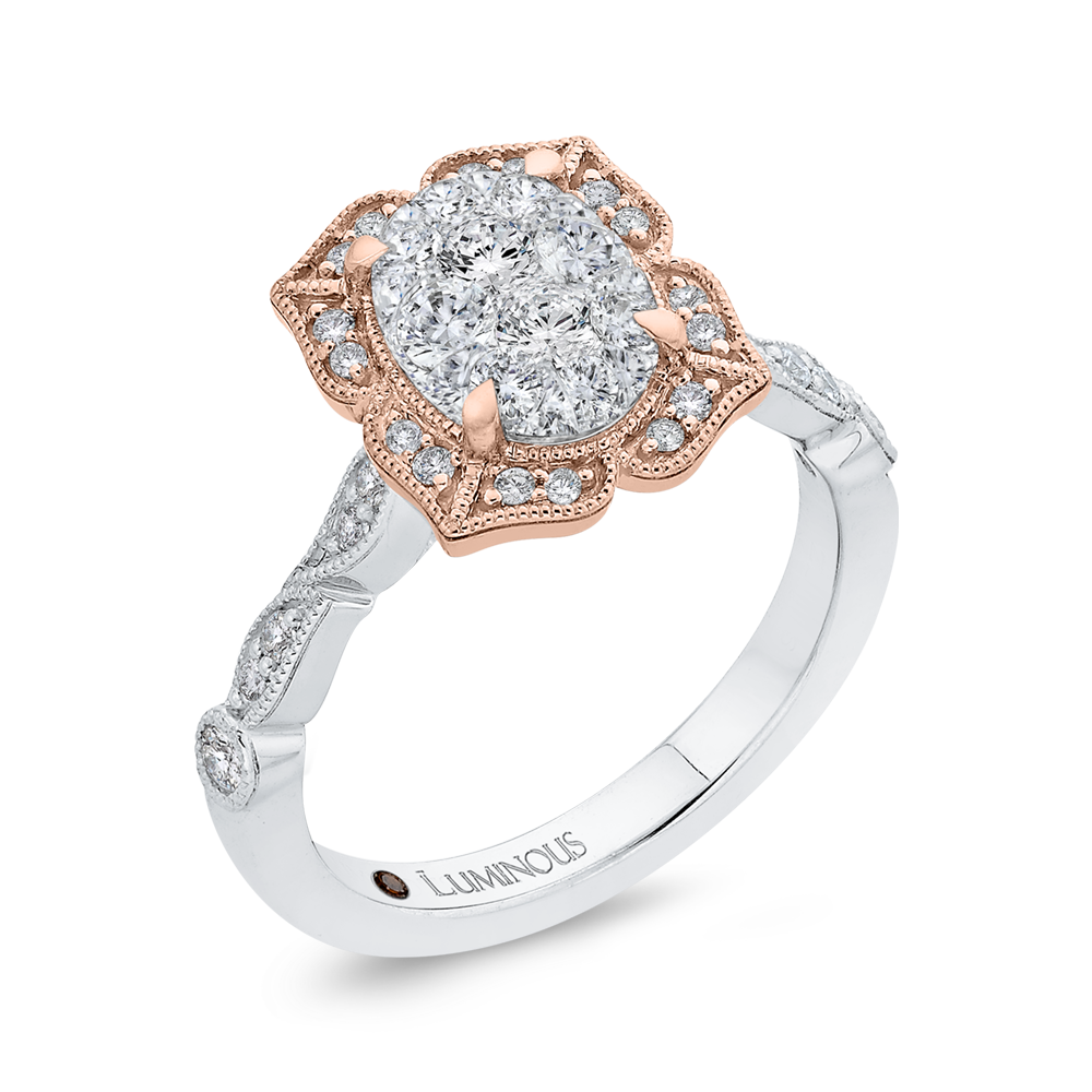 Round Diamond Floral Engagement Ring in 14K Two Tone Gold