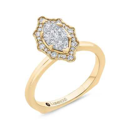 Euro Shank Round Diamond Marquise Cut Shape Halo Engagement Ring in 14K Two Tone Gold