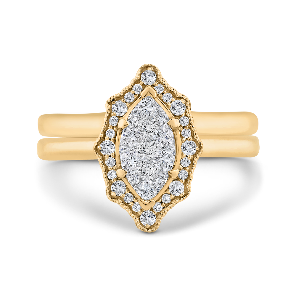 Euro Shank Round Diamond Marquise Cut Shape Halo Engagement Ring in 14K Two Tone Gold