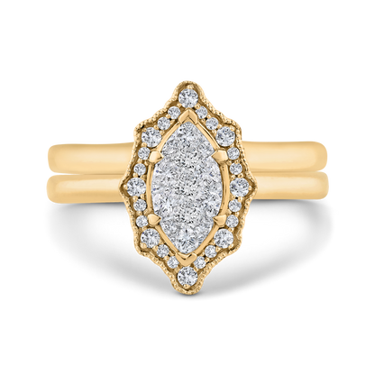 Euro Shank Round Diamond Marquise Cut Shape Halo Engagement Ring in 14K Two Tone Gold