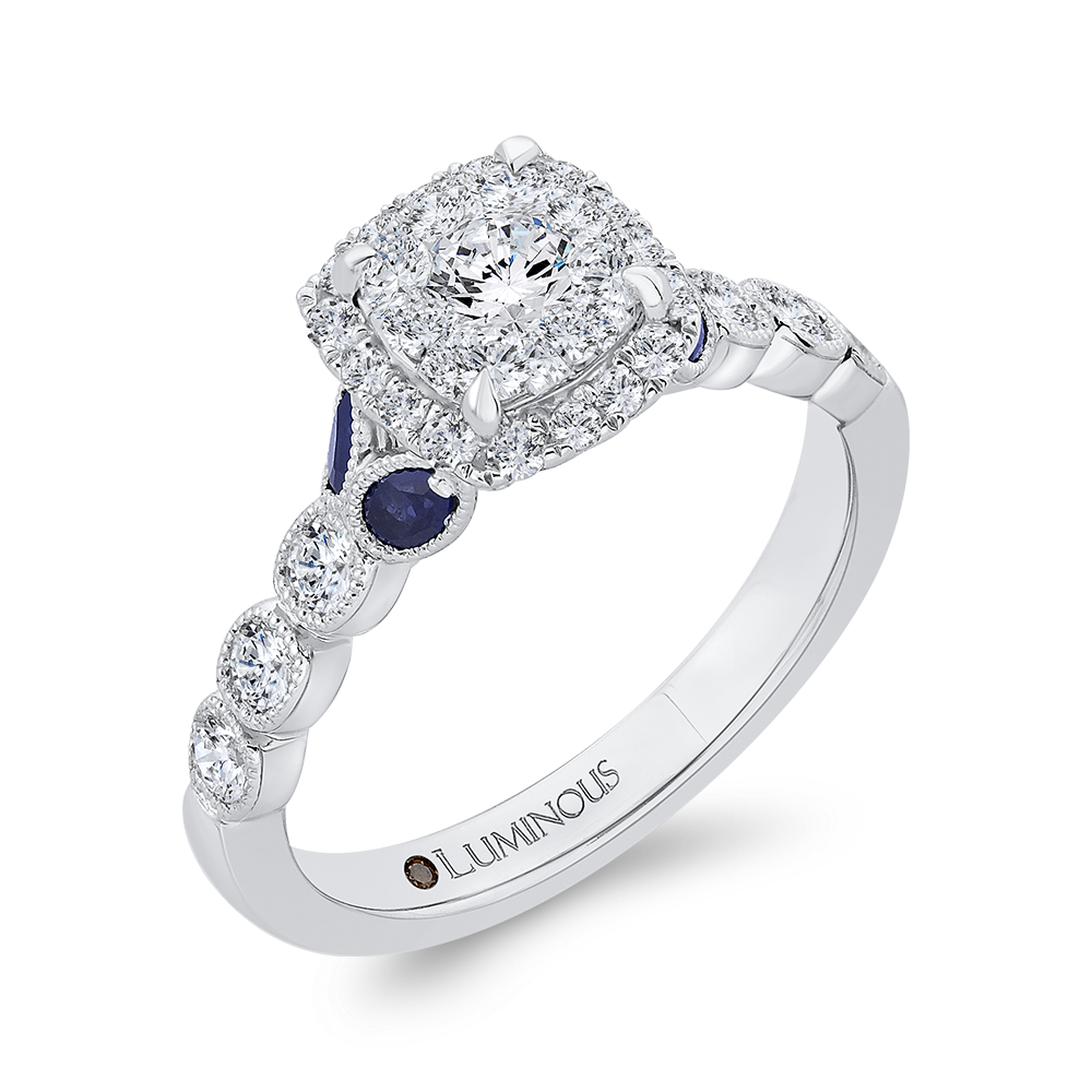 Round Diamond Halo Engagement Ring with Sapphire in 14K White Gold