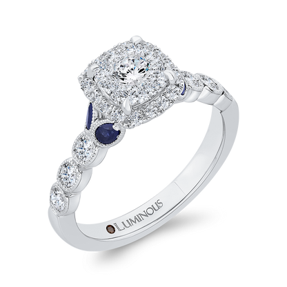 Round Diamond Halo Engagement Ring with Sapphire in 14K White Gold