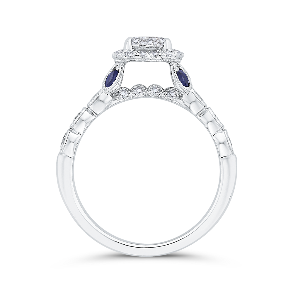 Round Diamond Halo Engagement Ring with Sapphire in 14K White Gold