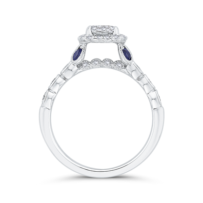 Round Diamond Halo Engagement Ring with Sapphire in 14K White Gold