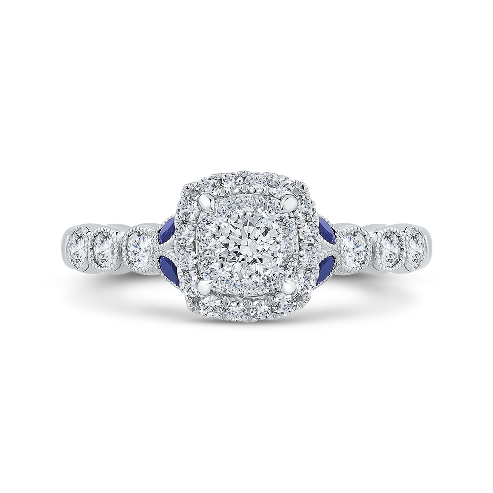 Round Diamond Halo Engagement Ring with Sapphire in 14K White Gold