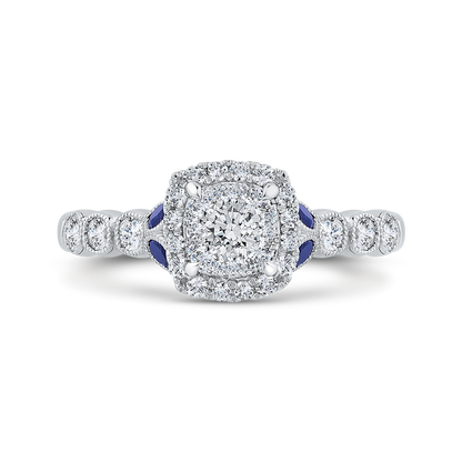 Round Diamond Halo Engagement Ring with Sapphire in 14K White Gold