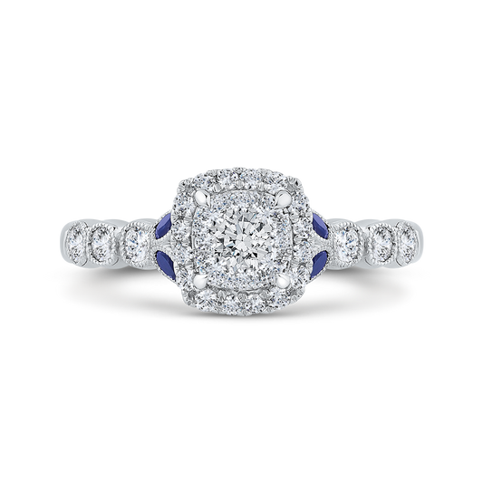 Round Diamond Halo Engagement Ring with Sapphire in 14K White Gold