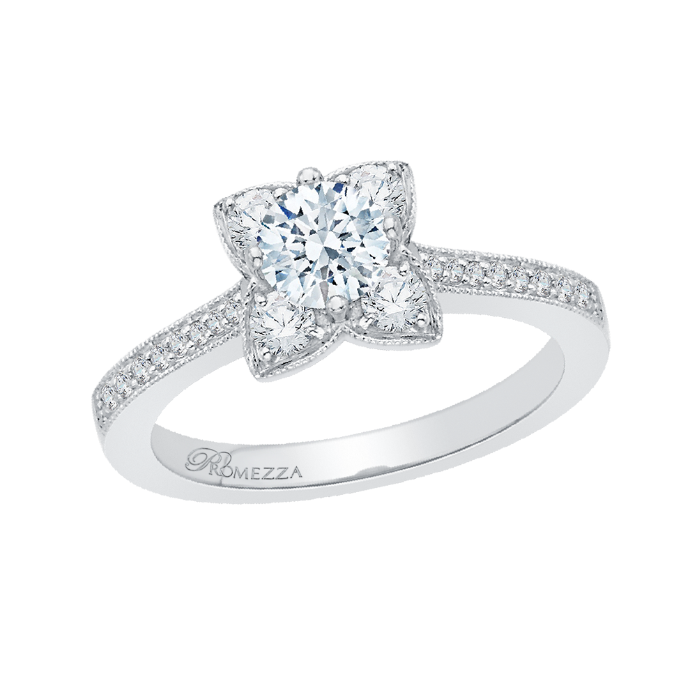 Round Diamond Floral Engagement Ring in 14K White Gold