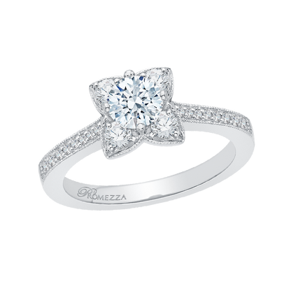 Round Diamond Floral Engagement Ring in 14K White Gold