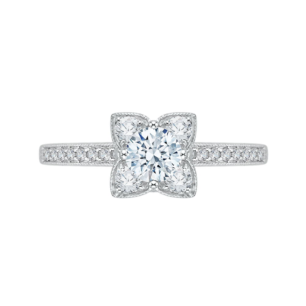 Round Diamond Floral Engagement Ring in 14K White Gold