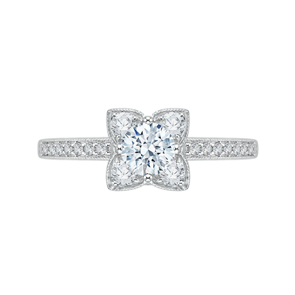 Round Diamond Floral Engagement Ring in 14K White Gold