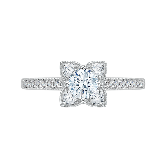 Round Diamond Floral Engagement Ring in 14K White Gold