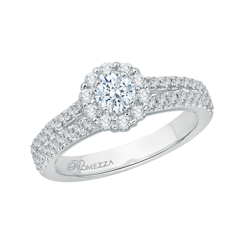 Split Shank Diamond Halo Engagement Ring in 14K White Gold