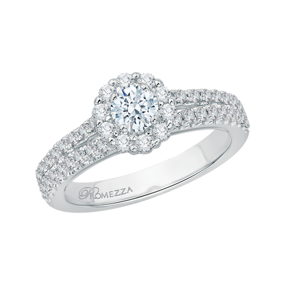 Split Shank Diamond Halo Engagement Ring in 14K White Gold