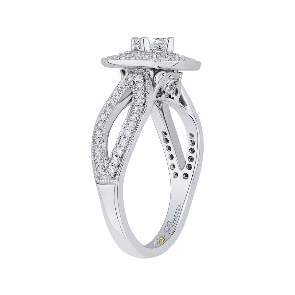 Round Diamond Double Halo Engagement Ring with Split Shank In 14K White Gold