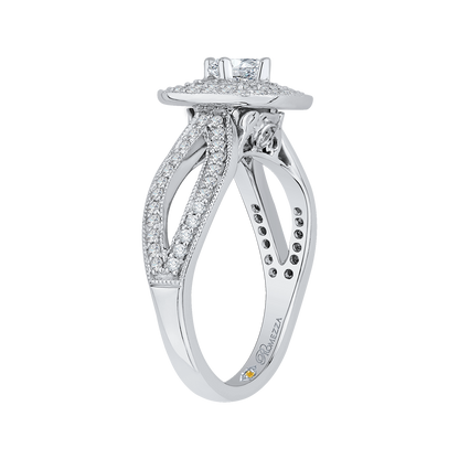 Round Diamond Double Halo Engagement Ring with Split Shank In 14K White Gold