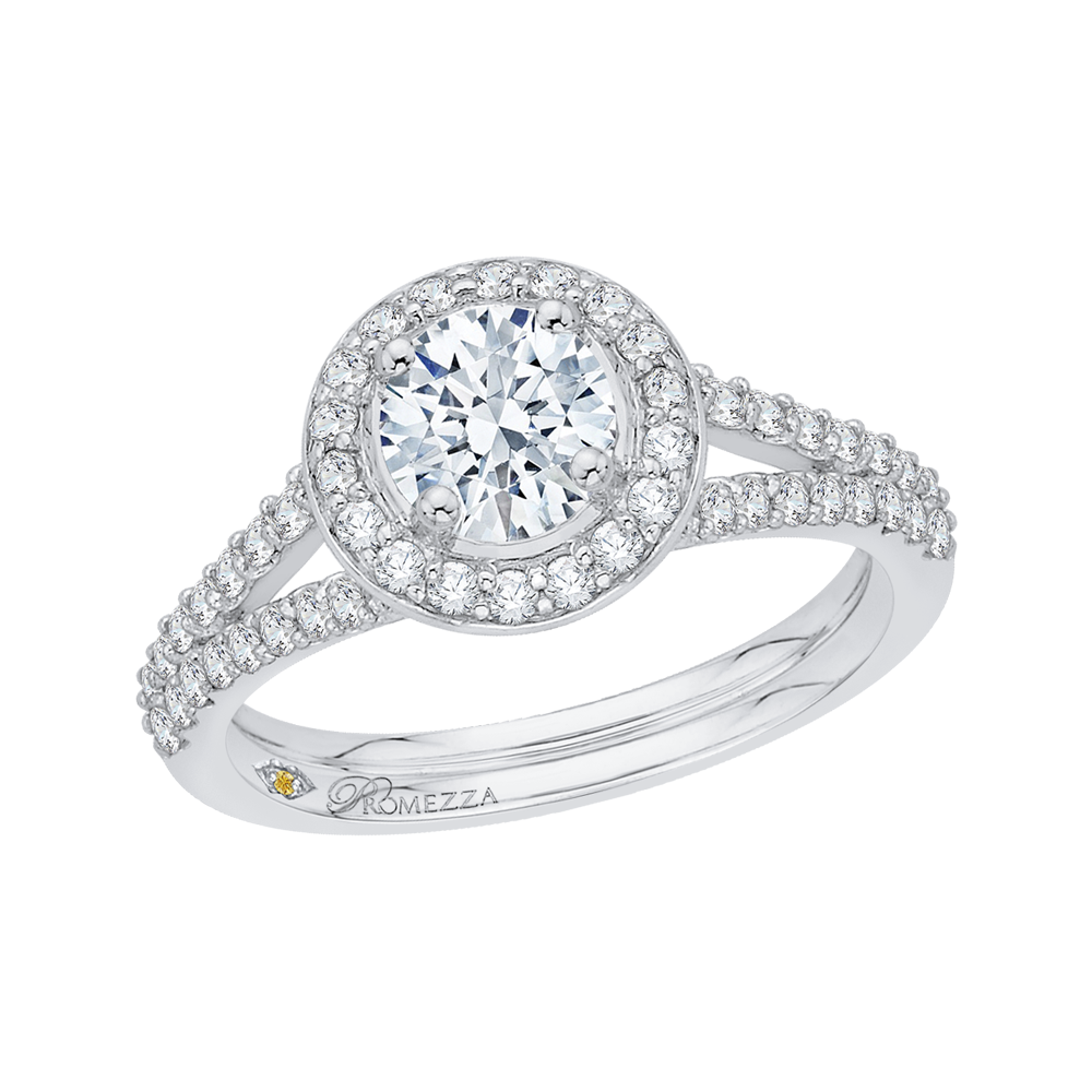 Split Shank Round Diamond Halo Engagement Ring in 14K White Gold