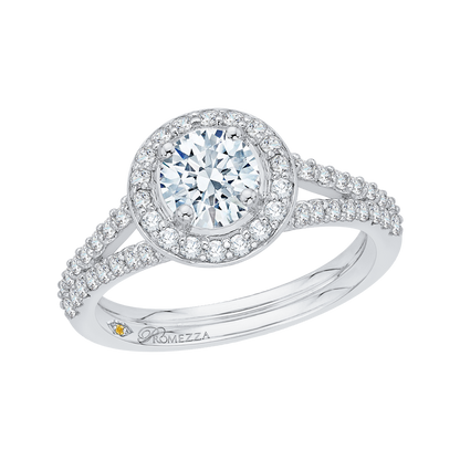 Split Shank Round Diamond Halo Engagement Ring in 14K White Gold