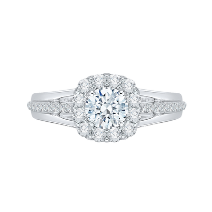 Split Shank Diamond Halo Engagement Ring Set in 14K White Gold