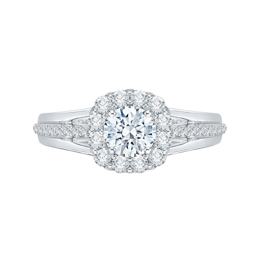 Split Shank Diamond Halo Engagement Ring Set in 14K White Gold