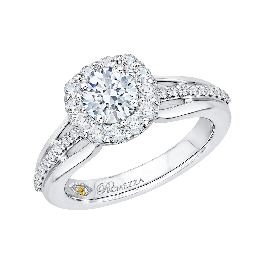 Split Shank Diamond Halo Engagement Ring Set in 14K White Gold