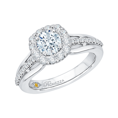 Split Shank Diamond Halo Engagement Ring Set in 14K White Gold