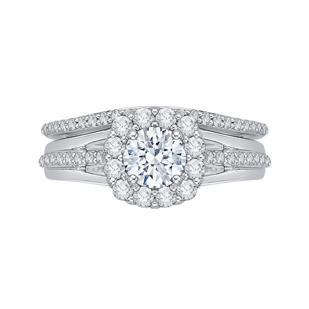 Split Shank Diamond Halo Engagement Ring Set in 14K White Gold