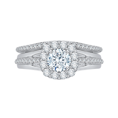 Split Shank Diamond Halo Engagement Ring Set in 14K White Gold