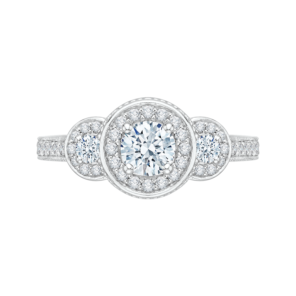 Diamond Three-Stone Halo Engagement Ring in 14K White Gold