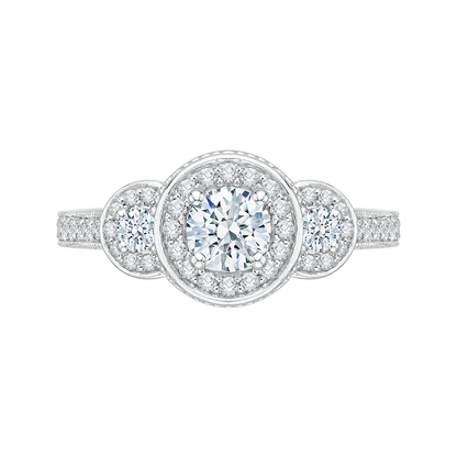 Diamond Three-Stone Halo Engagement Ring in 14K White Gold