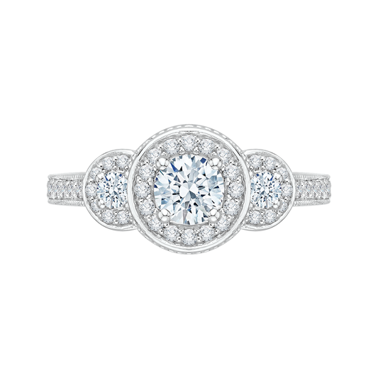 Diamond Three-Stone Halo Engagement Ring in 14K White Gold