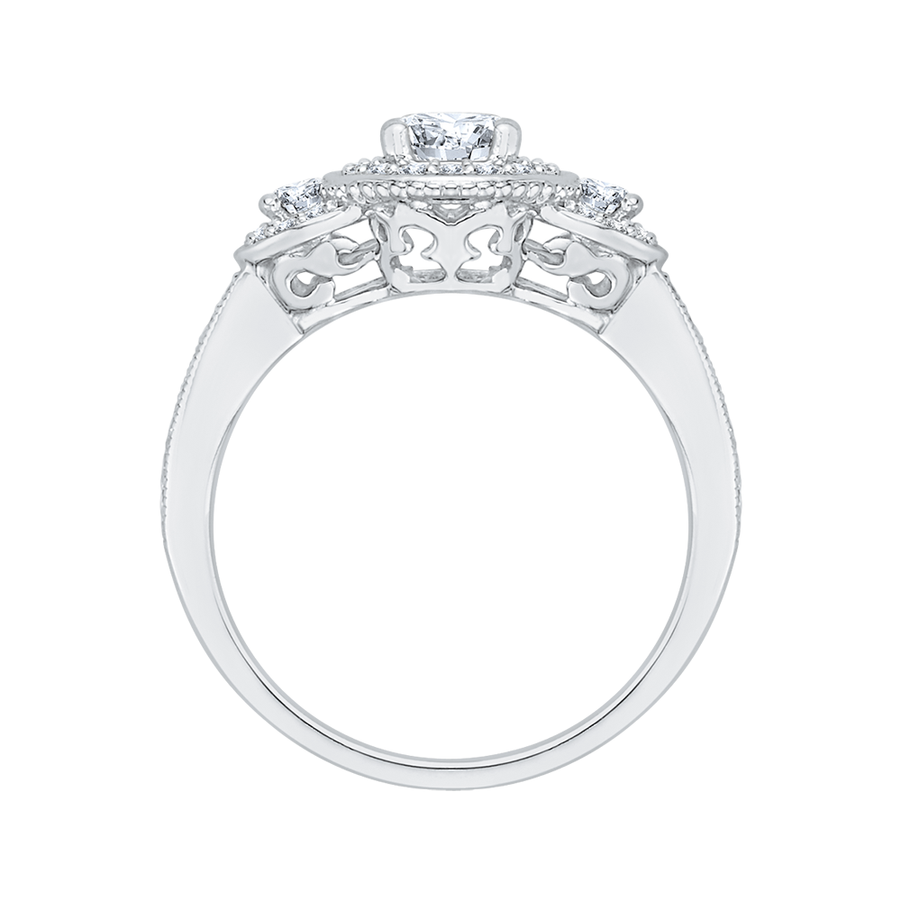 Diamond Three-Stone Halo Engagement Ring in 14K White Gold