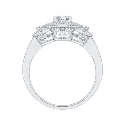 Diamond Three-Stone Halo Engagement Ring in 14K White Gold