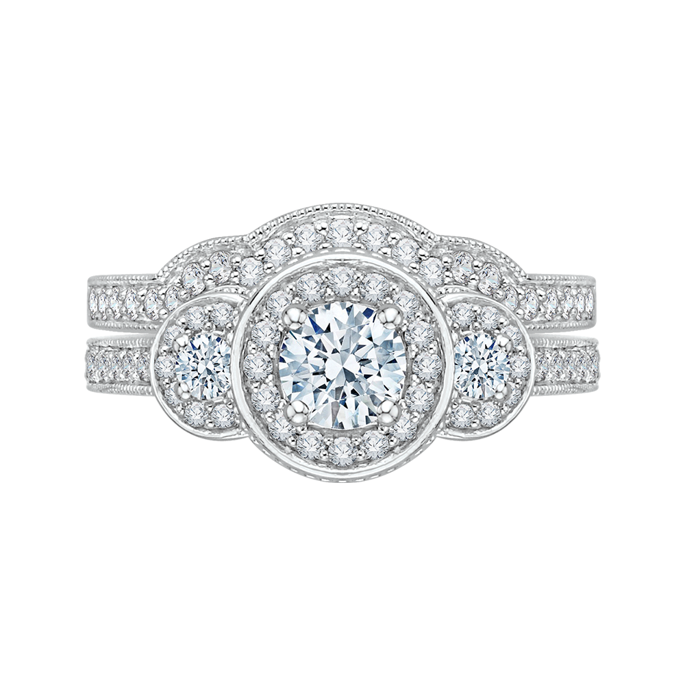 Diamond Three-Stone Halo Engagement Ring in 14K White Gold