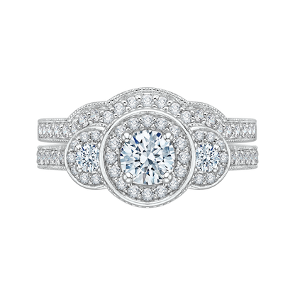 Diamond Three-Stone Halo Engagement Ring in 14K White Gold